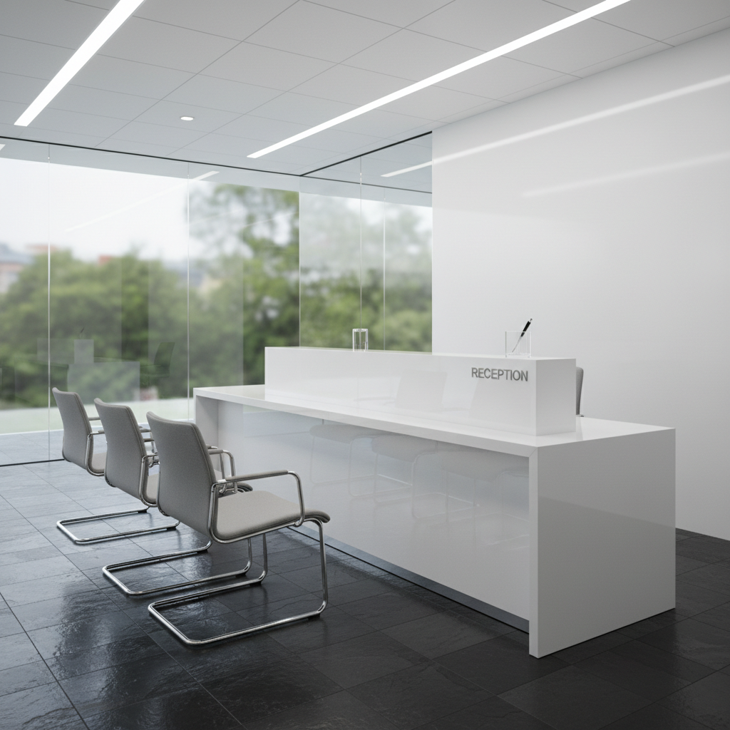 A spotless, modern office reception area with a glossy white reception desk, neatly aligned visitor chairs, and a dark slate tile floor that reflects the overhead lights. The desk surface is completely clutter-free, with only a small, polished metal nameplate and a single sanitized pen holder. Large glass walls and doors are crystal clear, free of any smudges or fingerprints. Cool, bright commercial LED lighting creates an even, professional illumination with gentle shadows under furniture edges. Photographic realism, shot from a slightly elevated angle with sharp focus, showcasing the pristine, professionally cleaned environment ideal for commercial cleaning services.