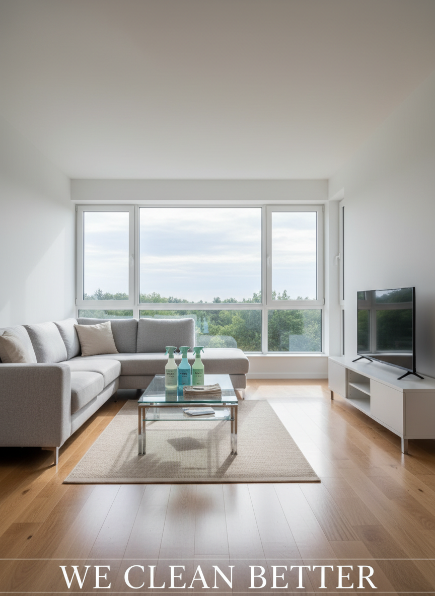 A sparkling, freshly cleaned modern living room with a light gray sectional sofa, glass coffee table, and gleaming hardwood floors. Every surface looks immaculate, from the dust-free TV console to the streak-free windows revealing a soft blue sky outside. Natural daylight pours in, creating crisp reflections on the polished floor and subtle shadows beneath the furniture. A neatly arranged set of eco-friendly cleaning bottles and microfiber cloths sits on the coffee table, emphasizing professional care. Photographic realism captured at eye level with a wide-angle lens, sharp focus throughout, and a clean, modern aesthetic that conveys trust, high standards, and the promise “We Clean Better.”