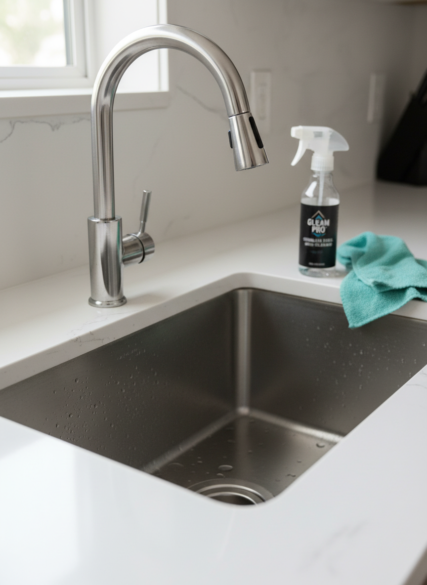 A close-up, photographic realism shot of a stainless steel kitchen sink and faucet gleaming after a deep clean. Water droplets bead perfectly on the polished metal, and the basin is completely free of stains or residue. A white quartz countertop surrounds the sink, flawlessly maintained and reflecting the soft, diffused daylight from an unseen window. A folded teal microfiber cloth and a labeled professional spray bottle rest neatly beside the sink. Captured from a slightly angled overhead perspective with shallow depth of field, the background fades into a soft blur, emphasizing meticulous detail, hygiene, and the high standards of a professional cleaning service.