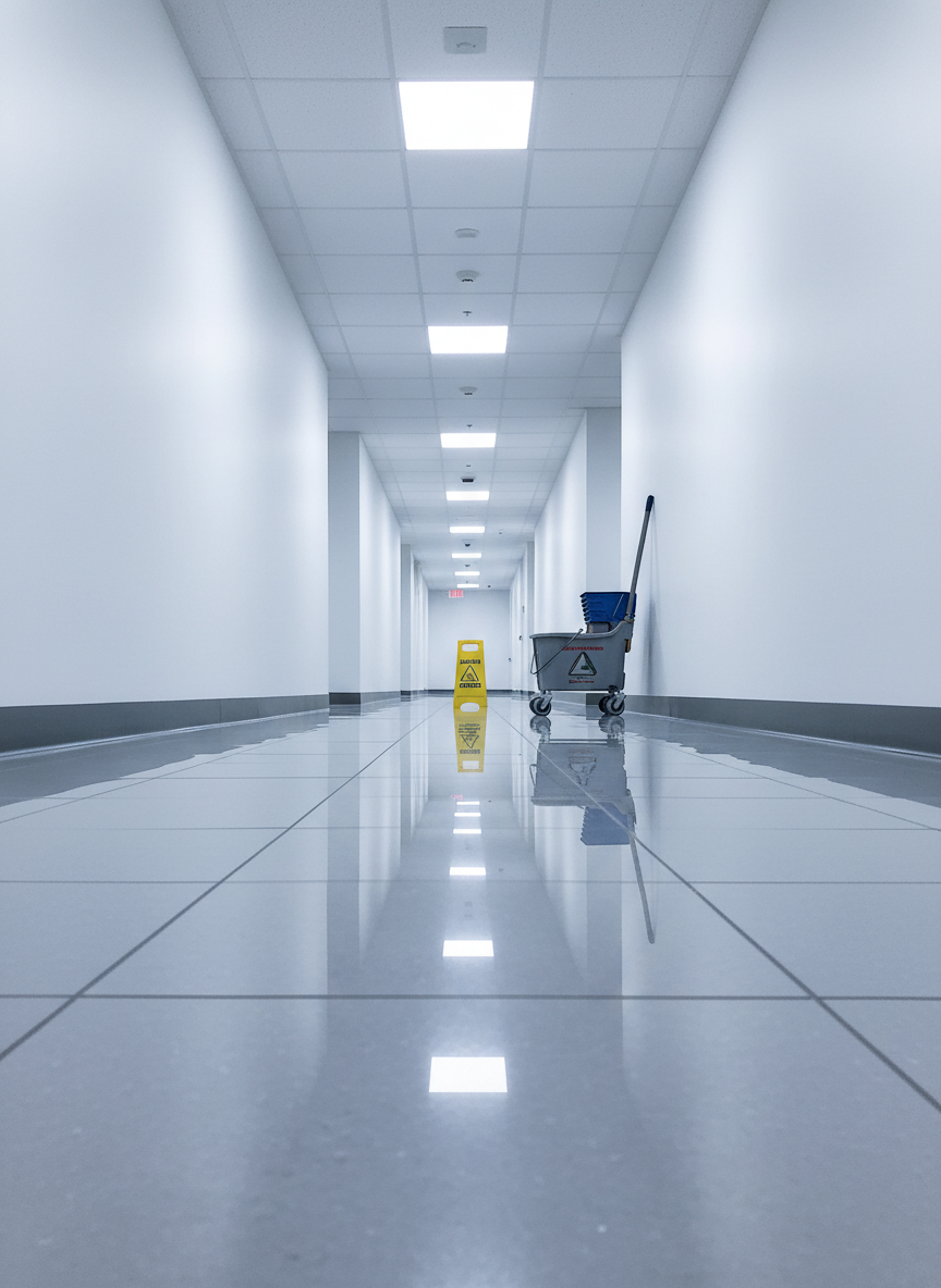A pristine hallway in a commercial building, with freshly mopped, glossy light-gray tile floors that reflect the ceiling lights in smooth lines. The baseboards and lower walls are spotless, and the air seems crisp and fresh. At the far end of the hallway, a bright yellow “Cleaning in Progress” caution sign stands beside a neatly parked commercial mop bucket and wringer, all in perfect condition. Cool, bright fluorescent lighting runs the length of the hall, creating a professional, efficient atmosphere. Photographic realism, shot from a low angle down the corridor, emphasizing depth, symmetry, and the polished results of expert cleaning work.