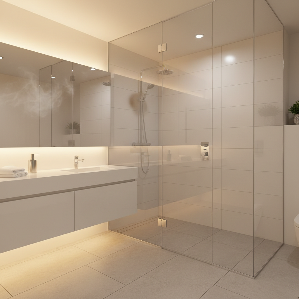 A luxurious residential bathroom that has just been professionally cleaned, featuring a frameless glass shower, large rectangular white tiles, and a floating vanity with a glossy white countertop. The shower glass is completely clear without water spots, and chrome fixtures shine under the warm, recessed ceiling lights. The vanity surface is organized and free of clutter, with a single folded white towel and a small, polished soap dispenser. Subtle steam on the mirror edges hints at recent use, yet no streaks or smudges remain. Photographic realism, shot at eye level with a wide lens, conveys a serene, hygienic, spa-like atmosphere perfect for showcasing high-end residential cleaning services.