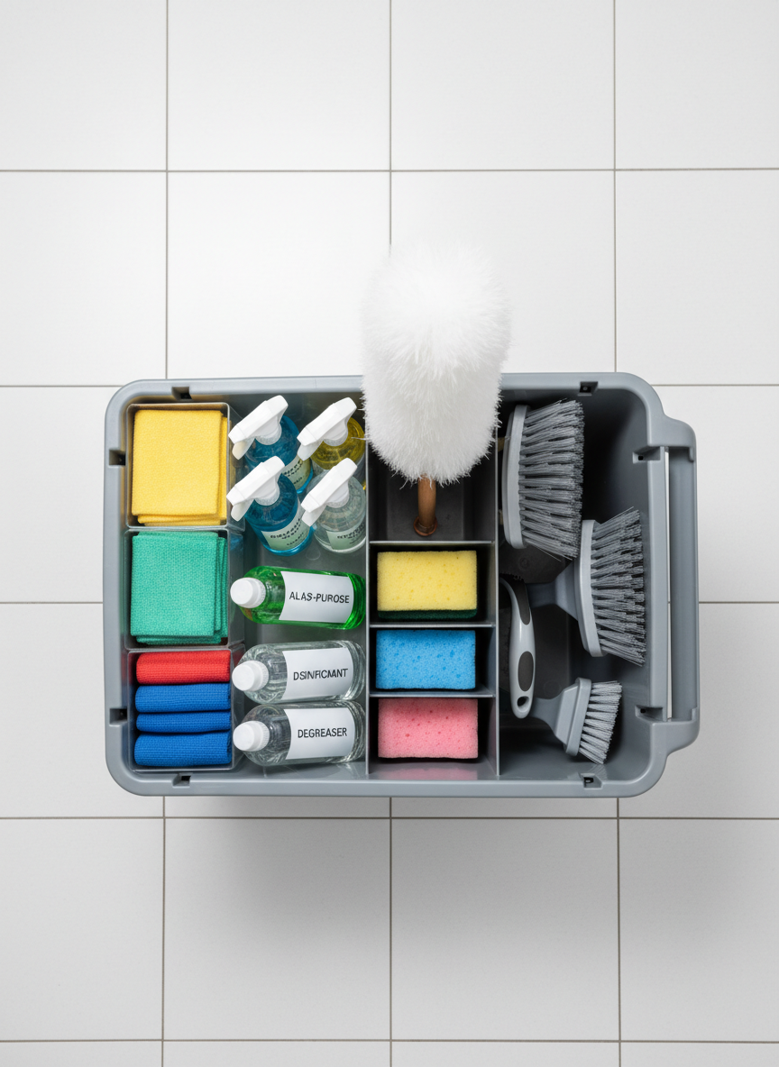 An overhead, photographic realism view of a professional cleaning caddy organized with precision on a spotless white tiled floor. The caddy contains color-coded microfiber cloths, clearly labeled spray bottles, a feather duster, sponges, and neatly arranged scrub brushes. Each item looks new, clean, and ready for use. The bright, even lighting from an overhead source creates gentle, defined shadows and enhances the vibrant colors of the supplies against the neutral floor. The composition is centered with sharp focus, giving a sense of order, efficiency, and reliability that reflects a professional cleaning company’s attention to detail and preparedness for any residential or commercial job.